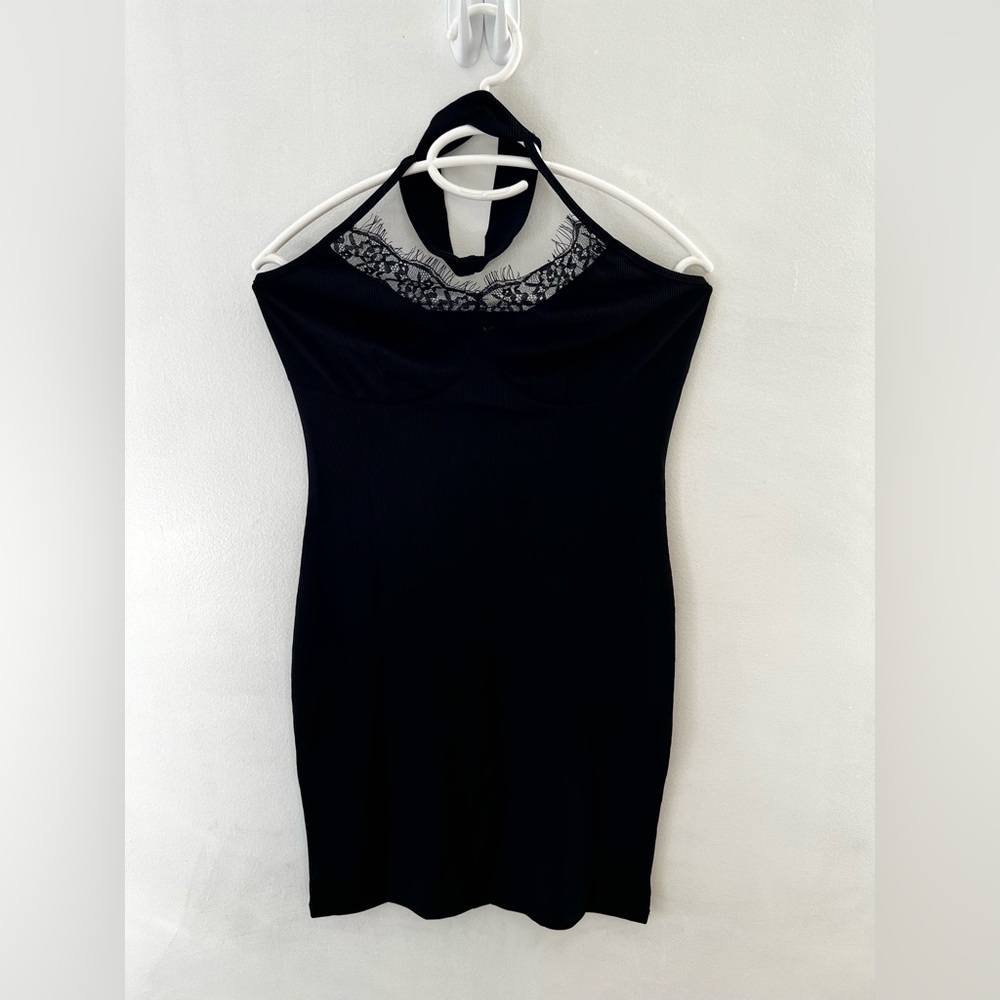 Lace Trim Halter Dress Black Short Dress Shein New - Picture 4 of 10